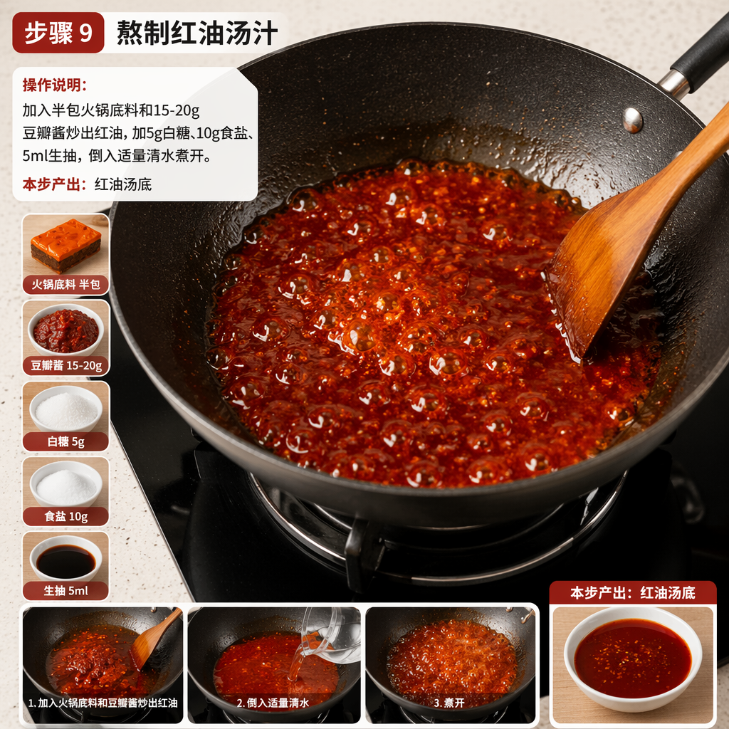 Step 9: Simmer the Red Oil Broth