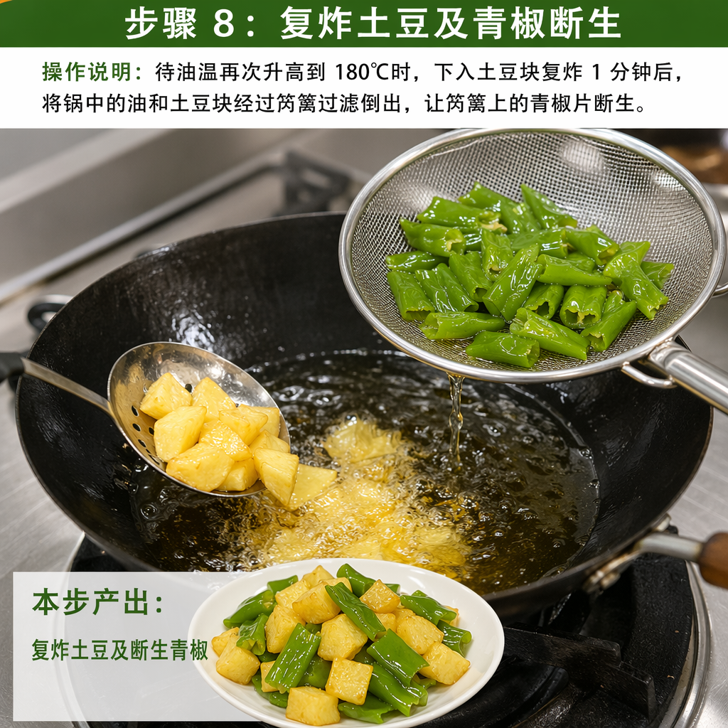 Step 8: Second Fry the Potatoes and Blanch the Peppers