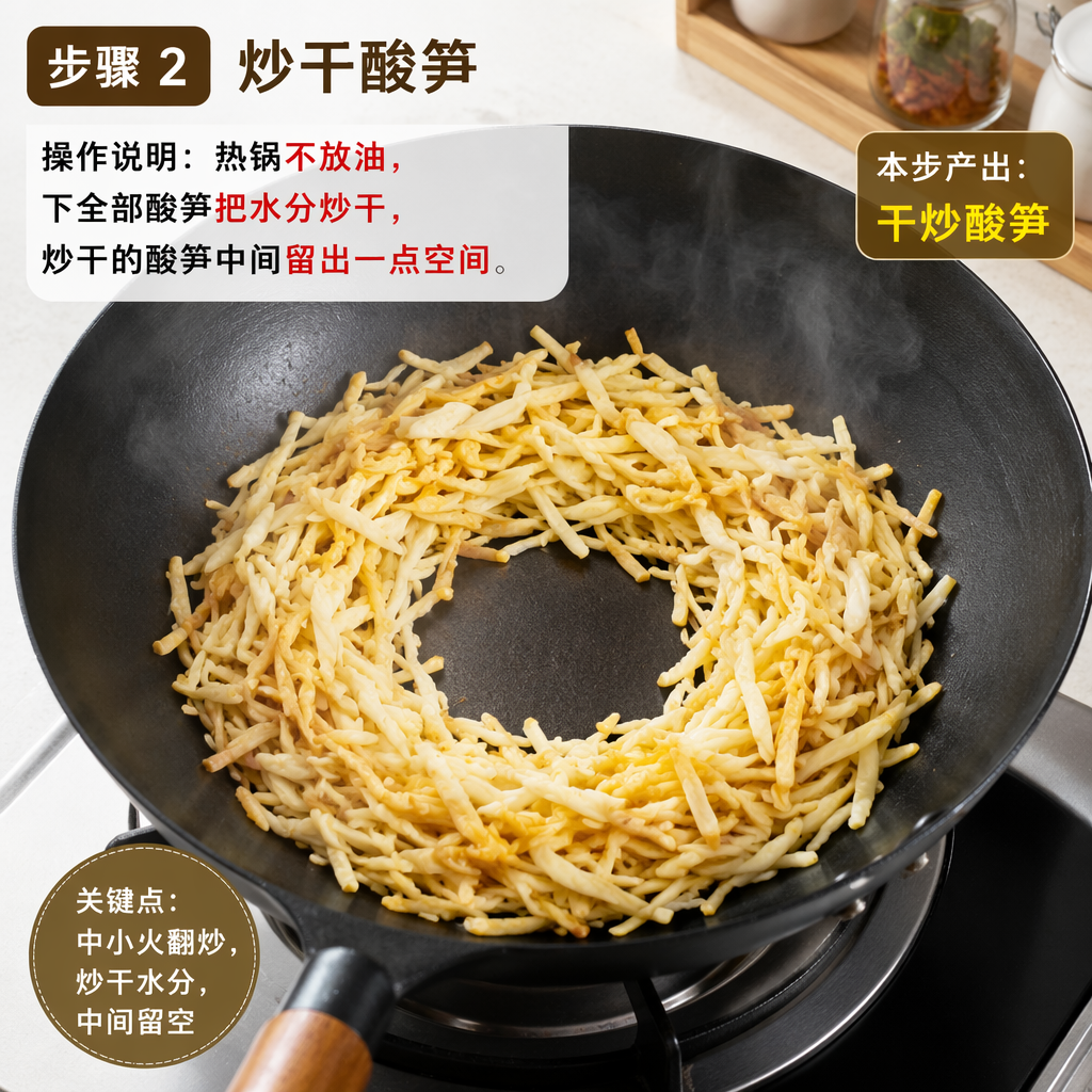 Step 2: Dry-fry the sour bamboo shoots