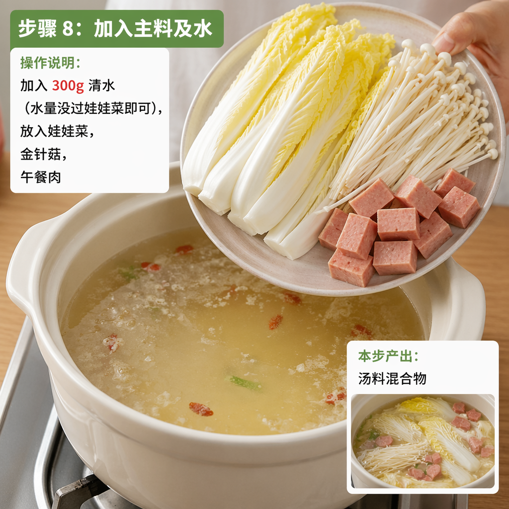 Step 8: Add the Main Ingredients and Water