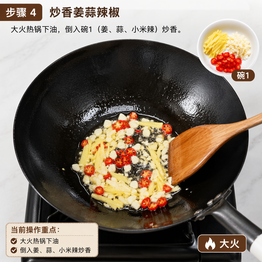 Step 4: Stir-Fry the Ginger, Garlic, and Chili