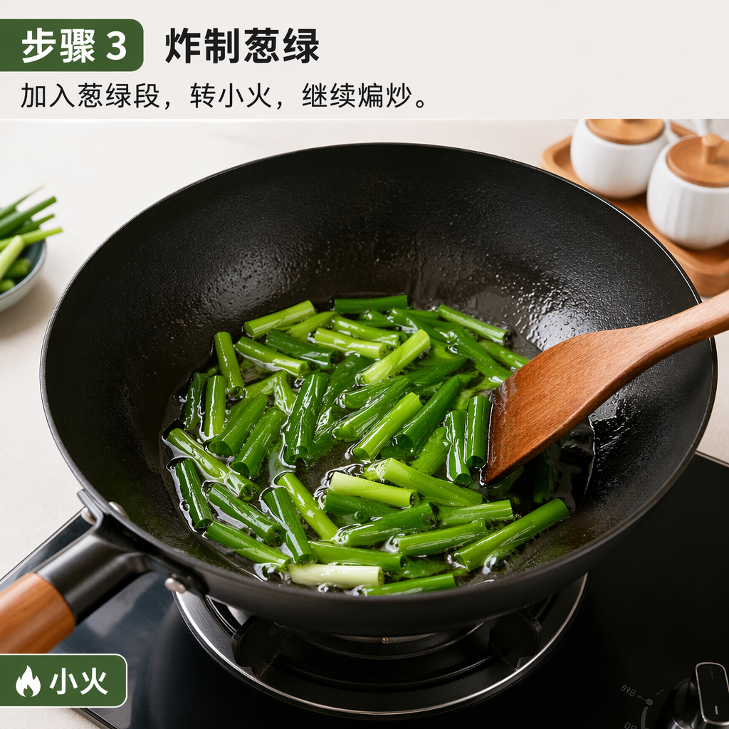Step 3: Fry the scallion greens