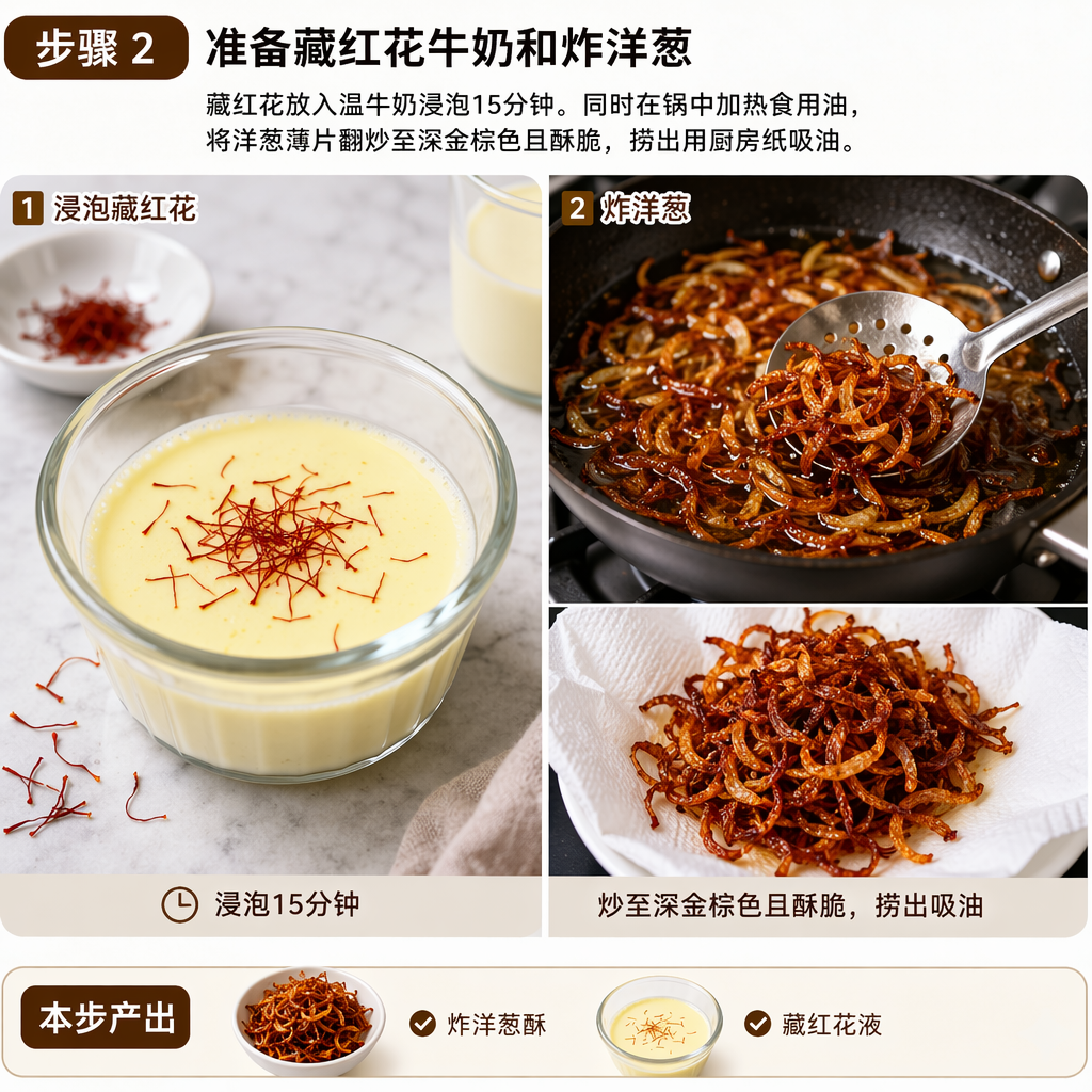 Step 2: Prepare Saffron Milk and Fried Onions