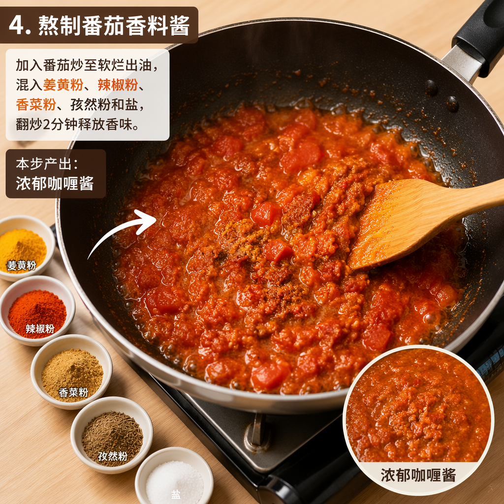 Step 4: Simmer the tomato spice sauce