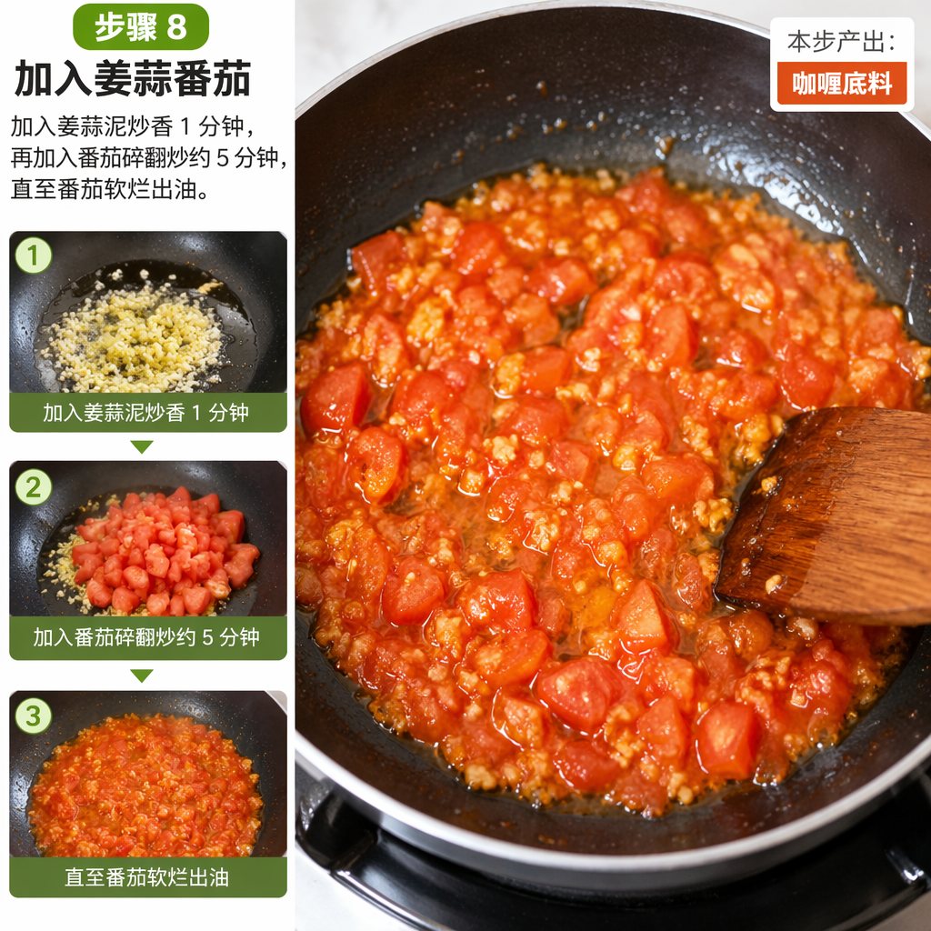 Step 8: Add Ginger, Garlic, and Tomato